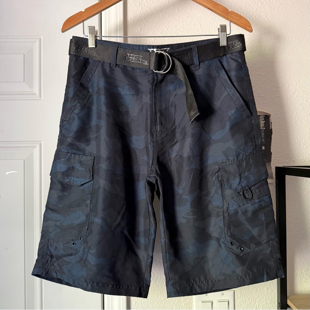 NO‎ FEAR blue black grey camo cargo y2k belted men’s jorts shorts